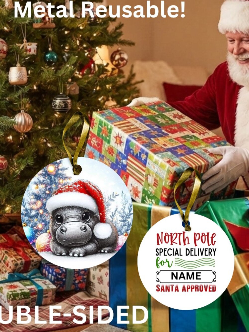Santa Reusable Metal Christmas Tag Personalized. Hippo